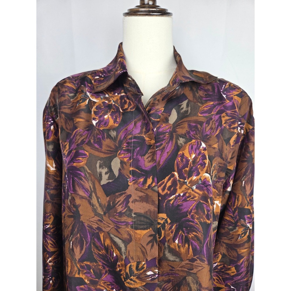 Paul Alexander 100% Silk Vintage Blouse 10 Brown Purple Floral LS Button Down